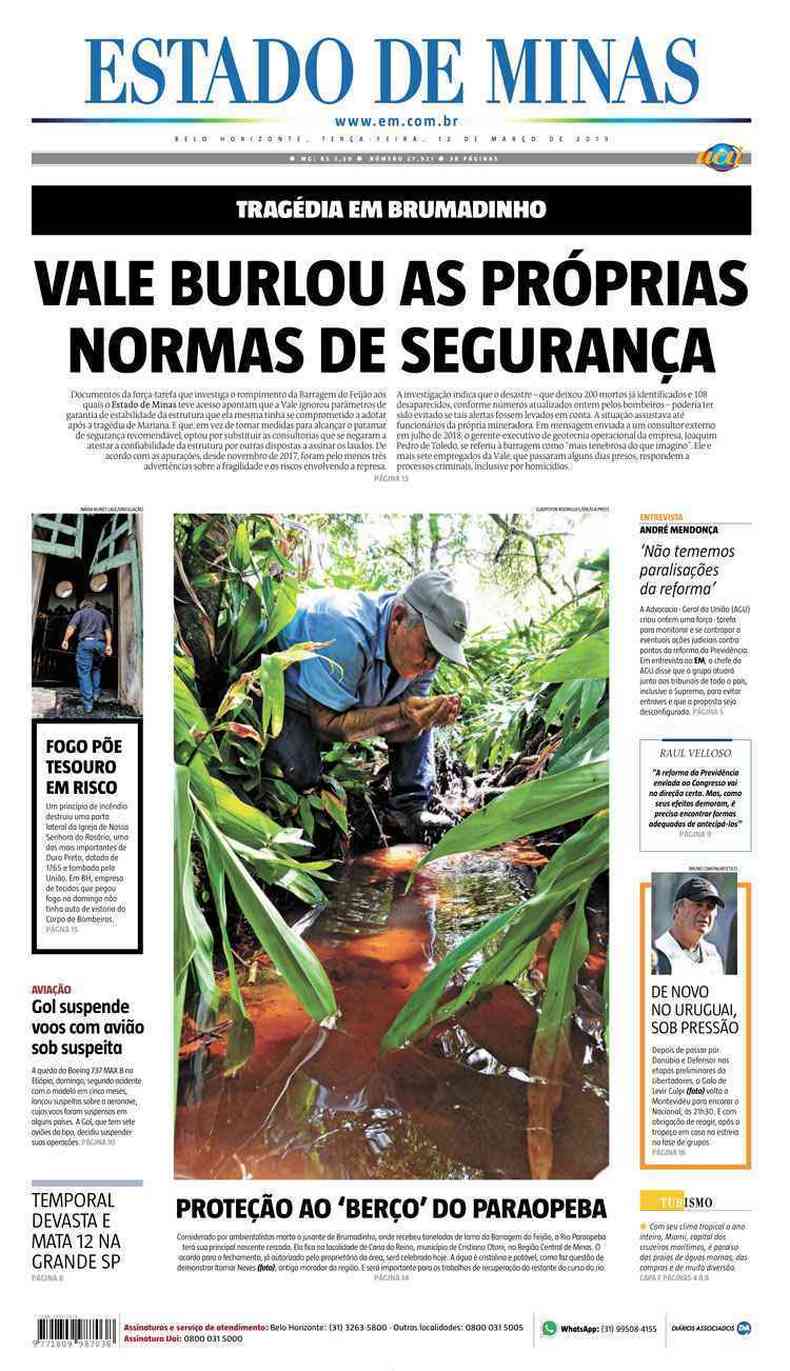 Confira a Capa do Jornal Estado de Minas do dia 12/03/2019(foto: Estado de Minas)
