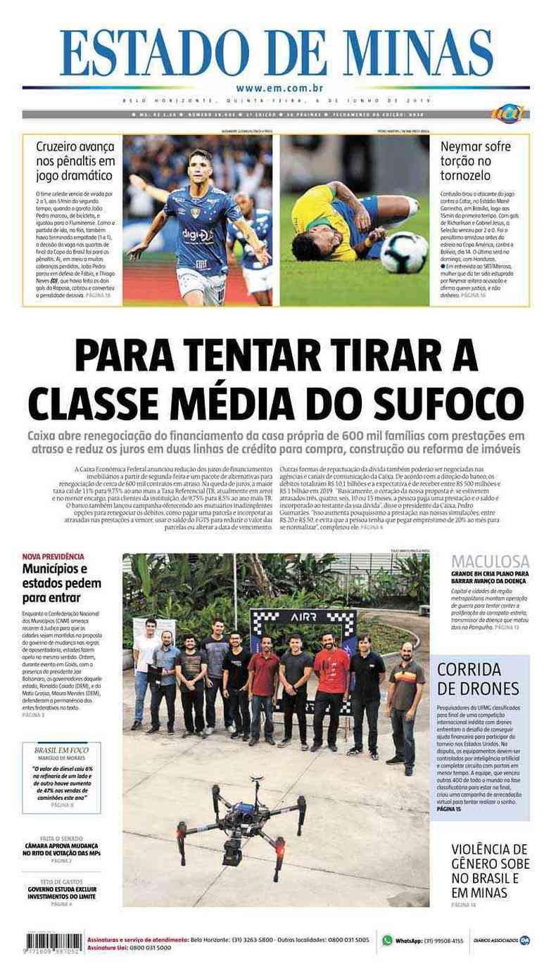 Confira a Capa do Jornal Estado de Minas do dia 06/06/2019(foto: Estado de Minas)