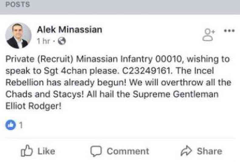 Mensagem postada por Alek Minassian antes do ataque em Toronto convoca uma 'revolta dos incels'(foto: Facebook)