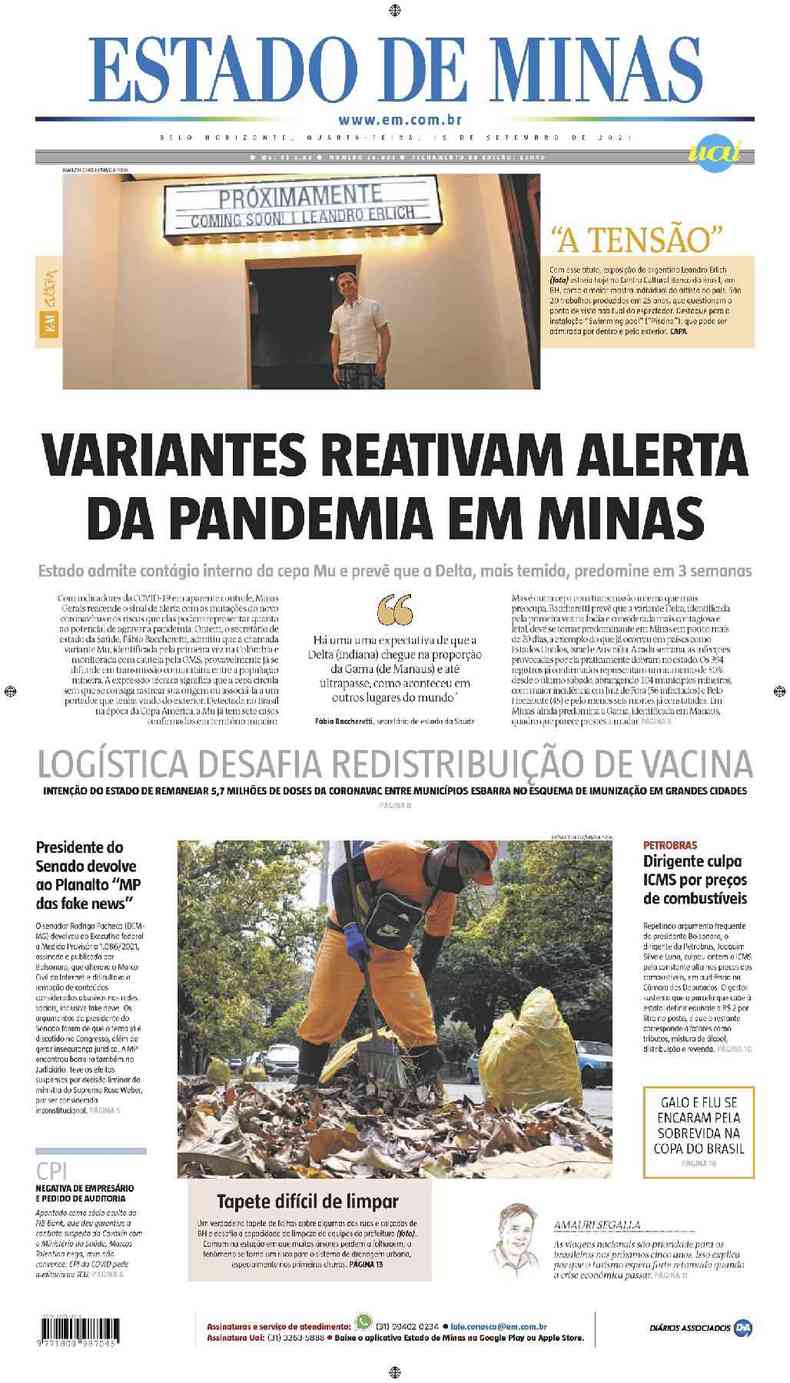 Confira a Capa do Jornal Estado de Minas do dia 15/09/2021
