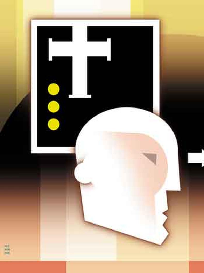 Ilustrao mostra a cabea de um homem, de lado, tendo ao fundo tela com fundo preto, com o desenho de uma cruz 