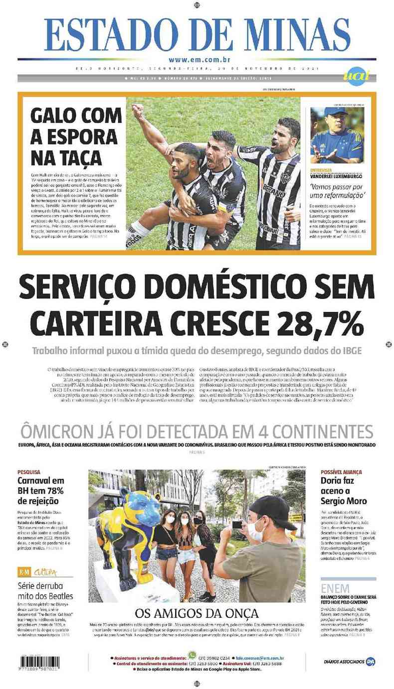 Confira a Capa do Jornal Estado de Minas do dia 29/11/2021