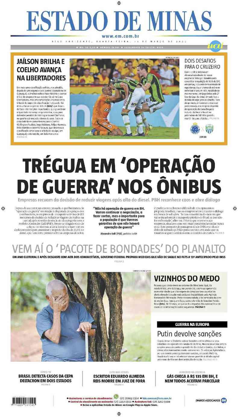 Confira a Capa do Jornal Estado de Minas do dia 16/03/2022