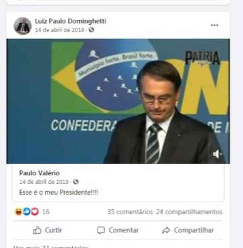 Em um post, compartilhado na pgina de Dominguetti, Bolsonaro fala contra a corrupo(foto: Redes Sociais/Reproduo)