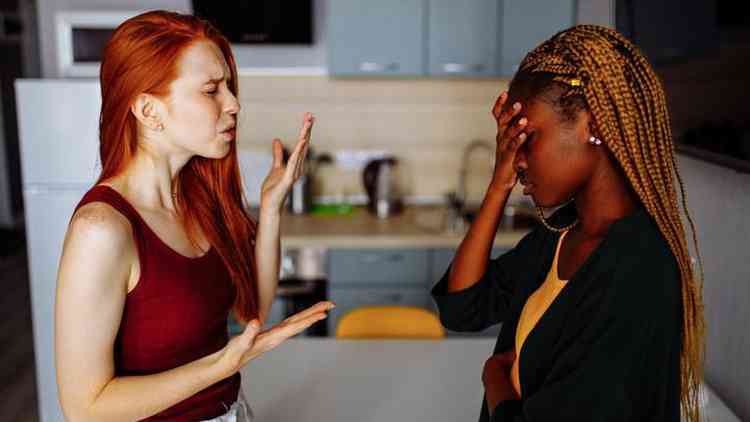 Duas mulheres na cozinha discutindo