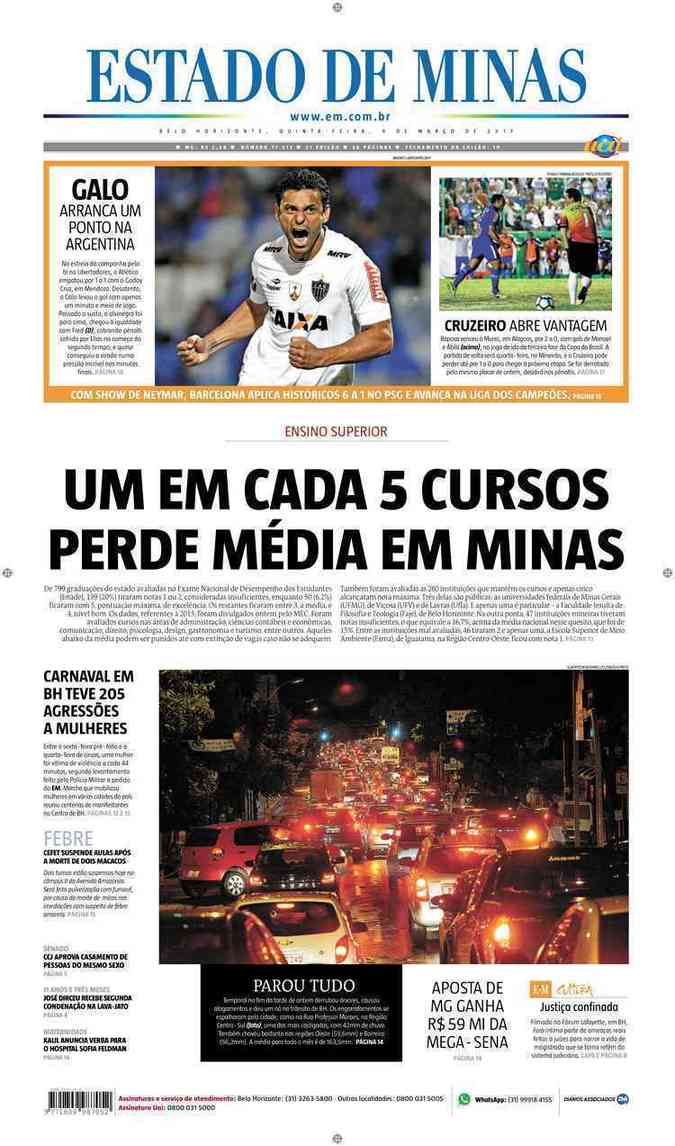 Confira a Capa do Jornal Estado de Minas do dia 09/03/2017