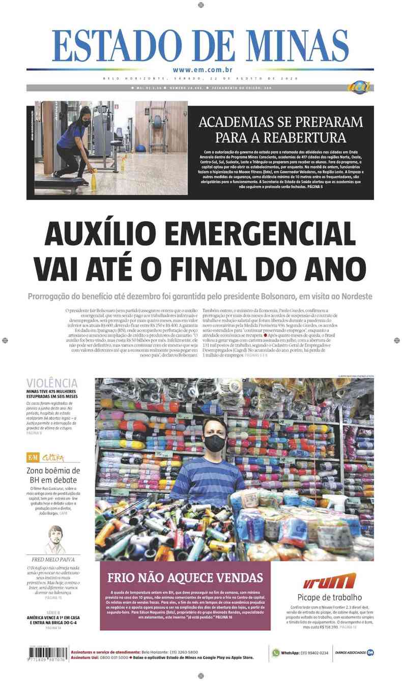 Confira a Capa do Jornal Estado de Minas do dia 22/08/2020(foto: Estado de Minas)