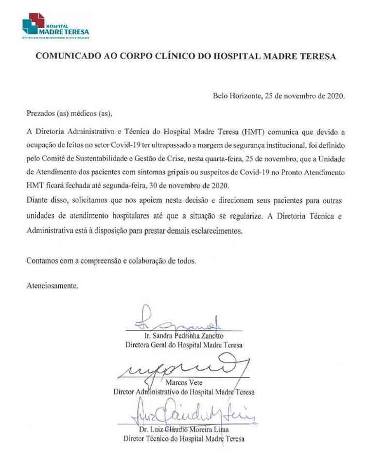 Documento do Madre Teresa afirma que unidade no vai mais receber casos suspeitos de COVID-19(foto: Reproduo/Redes sociais)