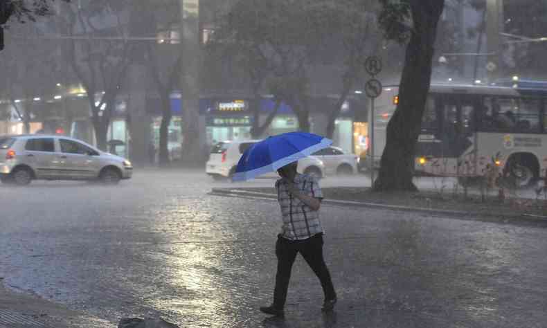 homem se protegendo da chuva com sombrinha azul em bh