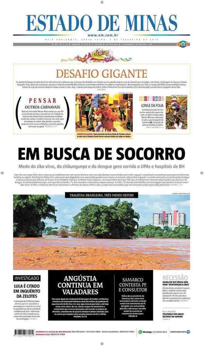 Confira a Capa do Jornal Estado de Minas do dia 05/02/2016