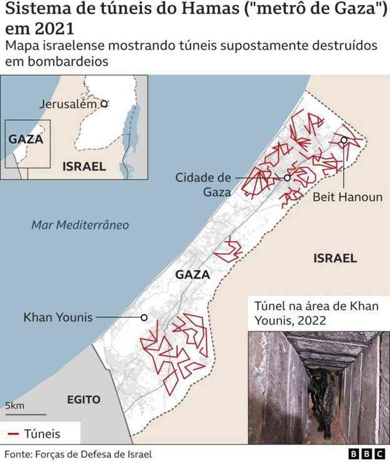 Mapa de Gaza com marcaes de onde seriam tneis