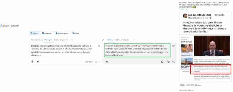 Comparao feita em 26 de julho de 2023 entre o trecho da Ansa traduzido no Google do portugus para o italiano (E) e o texto da publicao viral