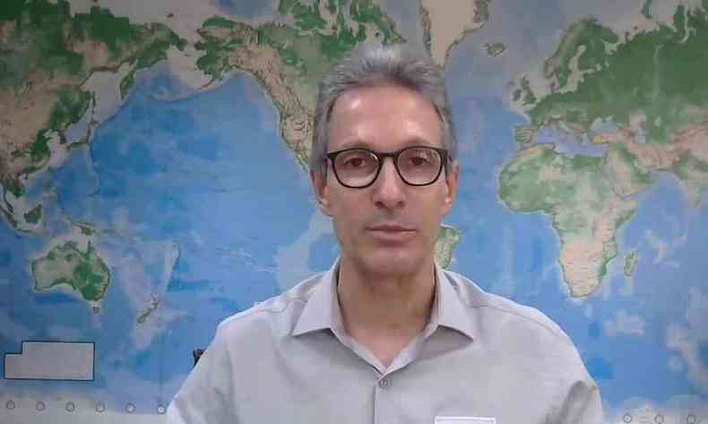O governador de Minas, Romeu Zema, do Novo, em entrevista por videoconferncia ao Estado de Minas