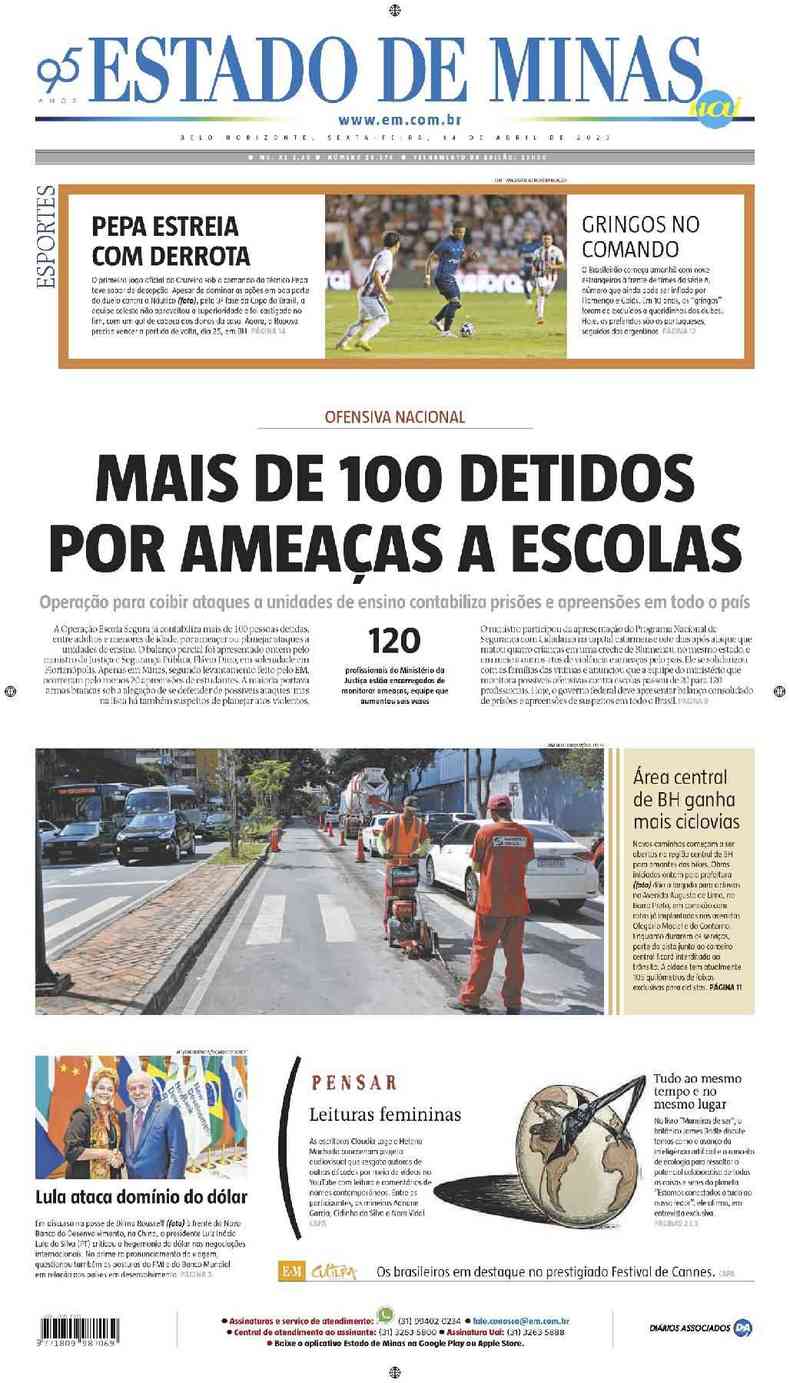 Confira a Capa do Jornal Estado de Minas do dia 14/04/2023