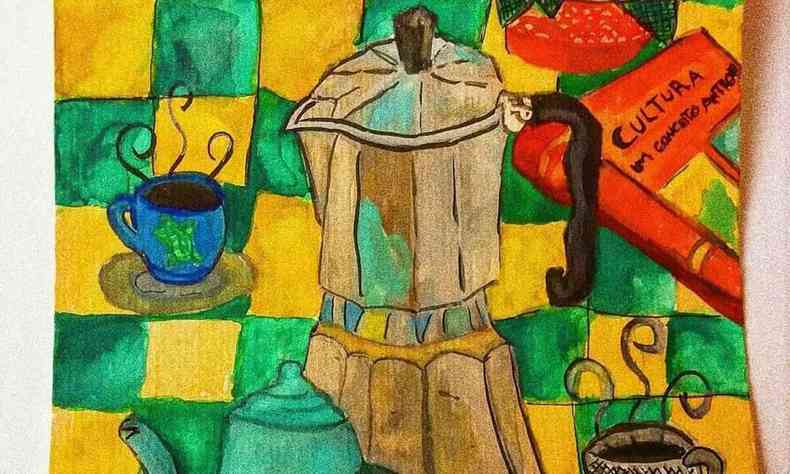 Aquarela de Jlia Eleonora mostra cafeteira italiana, bule verde e xcaras de cafezinho sobre toalha quadriculada em verde e amarelo