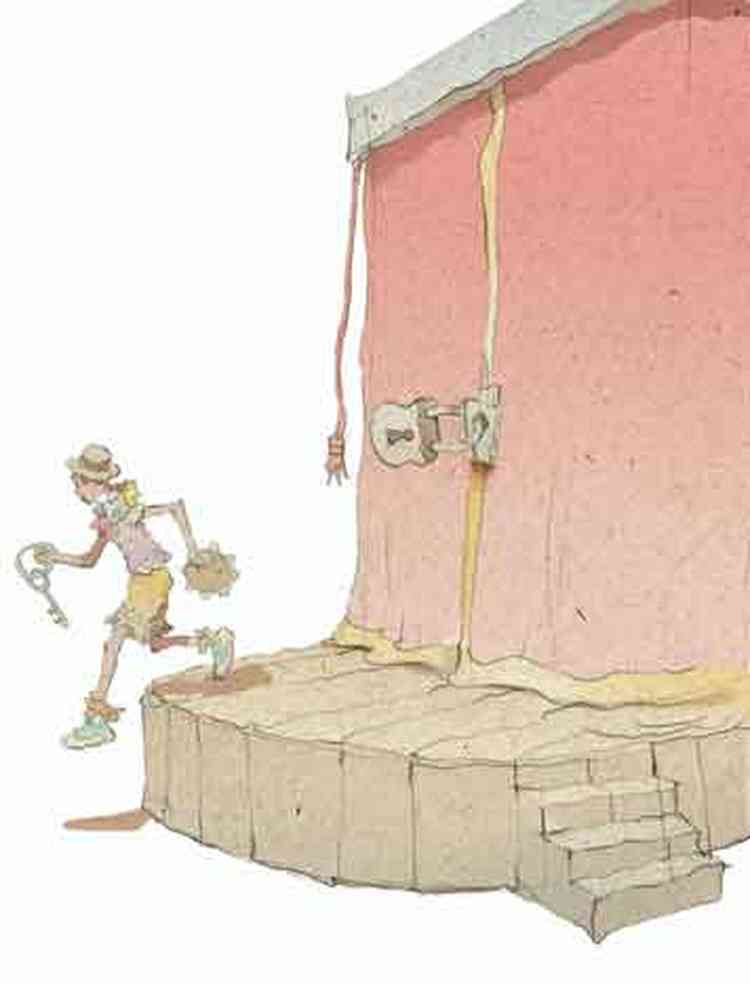 ilustrao mostra folio fechando a porta de prdio