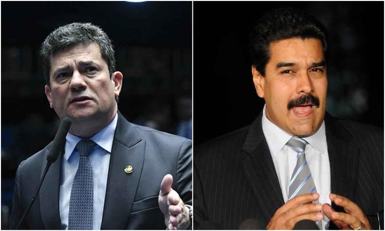 Montagem com Sergio Moro e Niclas Maduro. Moro est a esquerda. Ele  um homem branco de cabelos preto. Fala ao microfone e usa um terno. Maduro esta a direita. Ele  um homem branco de bigode e cabelos pretos. Ele tambm usa terno e gesticula com as mos 