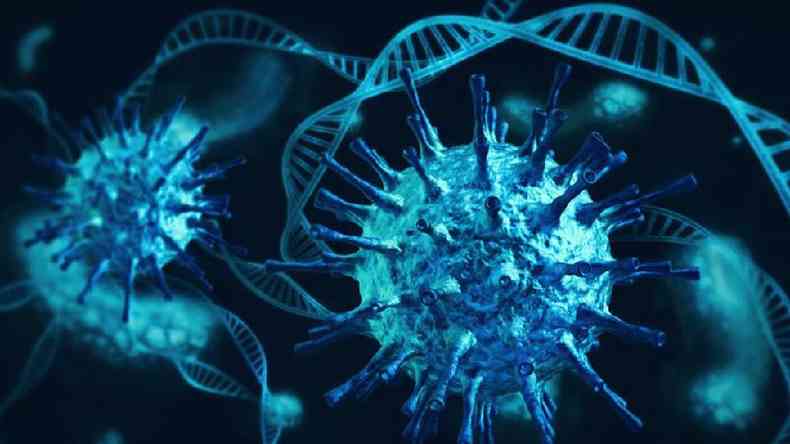 Ilustração de um vírus e de cadeias de DNA