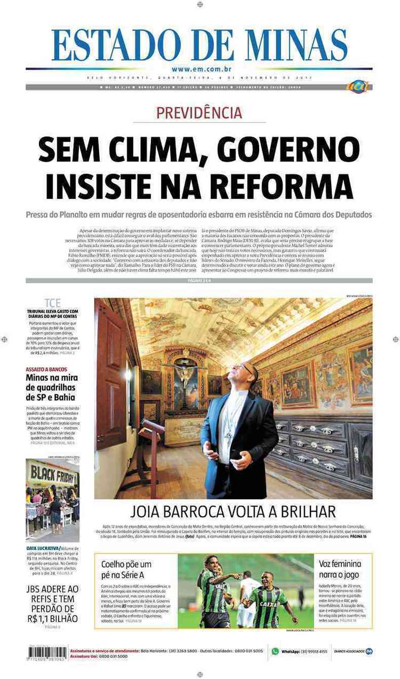Confira a Capa do Jornal Estado de Minas do dia 08/11/2017