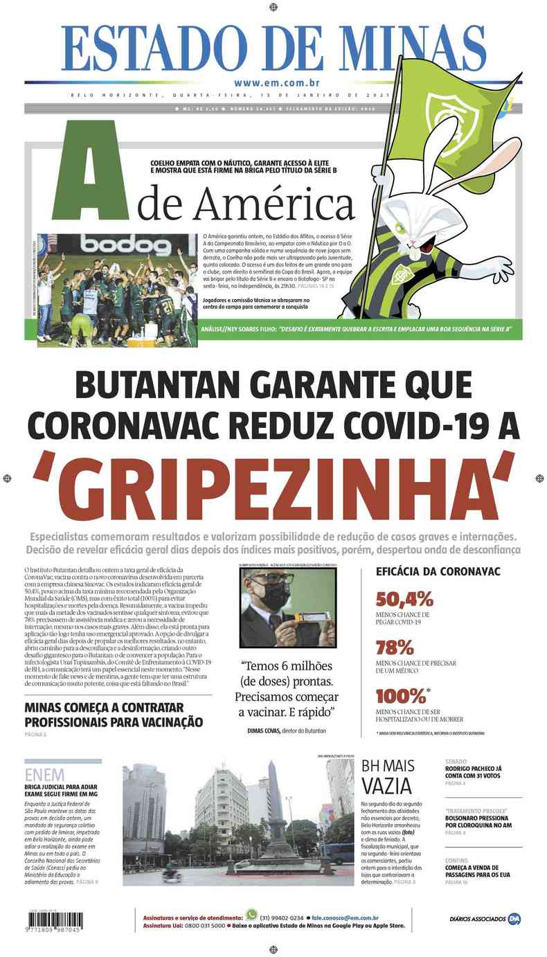 Confira a Capa do Jornal Estado de Minas do dia 13/01/2021(foto: Estado de Minas)