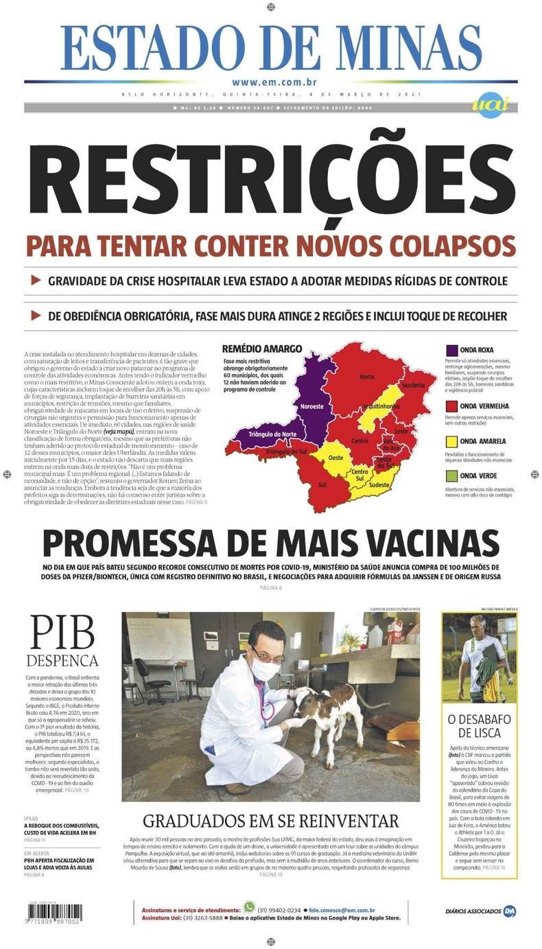 Confira a Capa do Jornal Estado de Minas do dia 04/03/2021(foto: Estado de Minas)