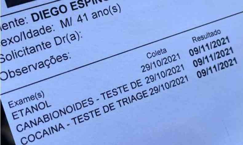 Guia de exame toxicolgico feito pelo vereador Diego Espino