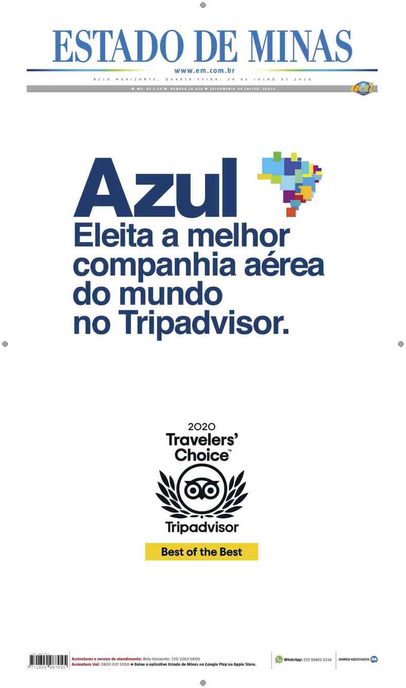 Confira a Capa do Jornal Estado de Minas do dia 30/07/2020(foto: Estado de Minas)