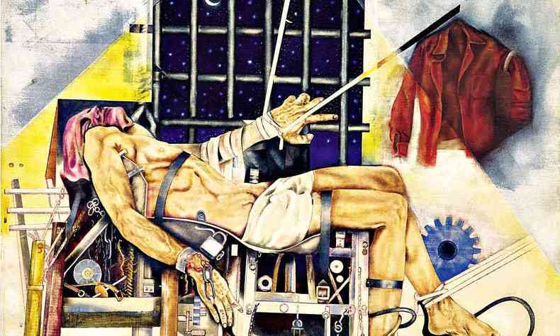 Ilustrao de Elifas Andreato mostra homem torturado, desmaiado, preso com cadeados a cadeira, com corrente nas mos e cordas nos ps 