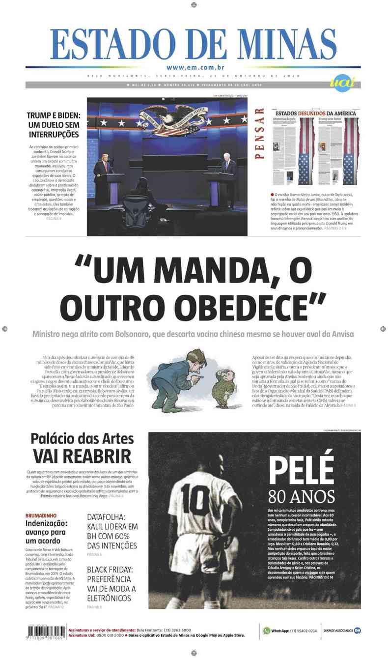 Confira a Capa do Jornal Estado de Minas do dia 23/10/2020(foto: Estado de Minas)