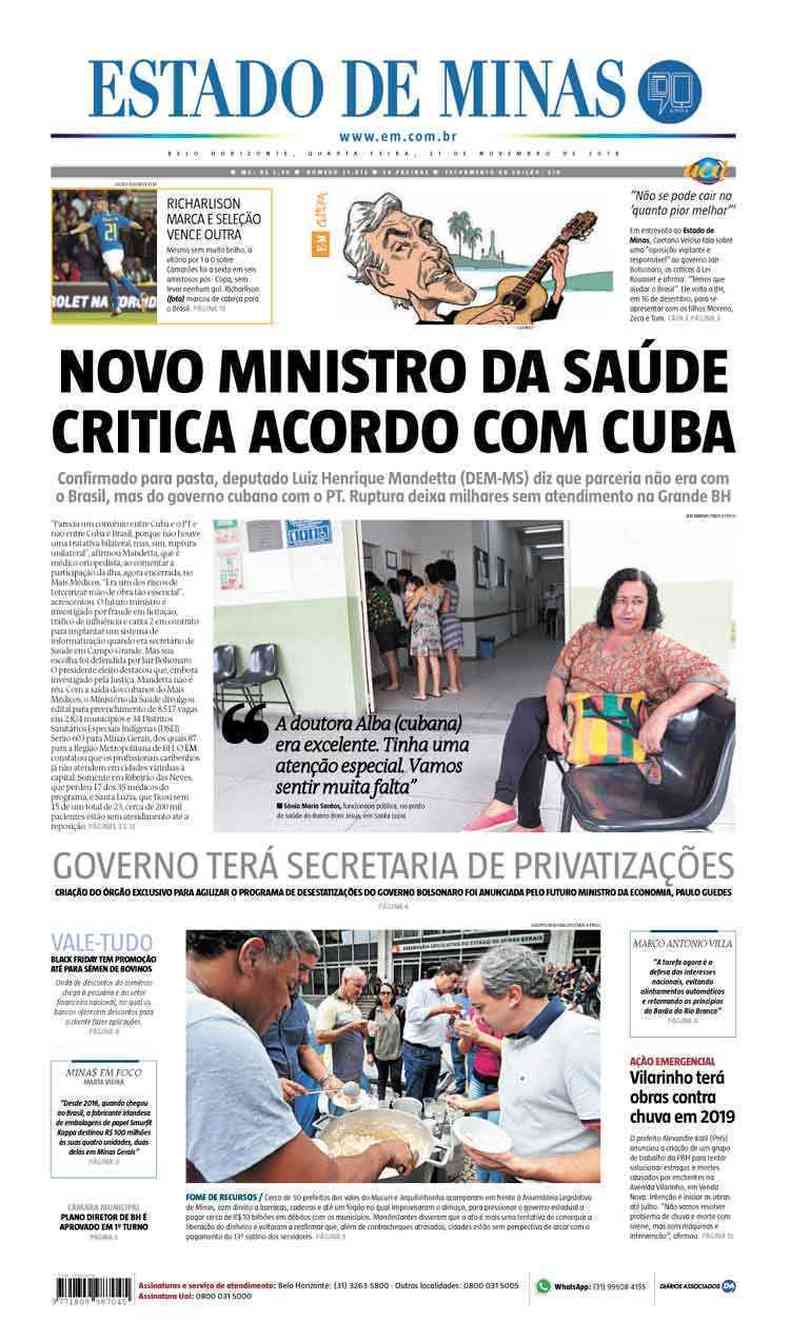 Confira a Capa do Jornal Estado de Minas do dia 21/11/2018(foto: Estado de Minas)