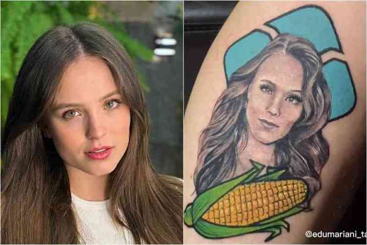 Tatuagem com o rosto da atriz Larissa Manoela, uma espiga de milho e o smbolo do PIX 