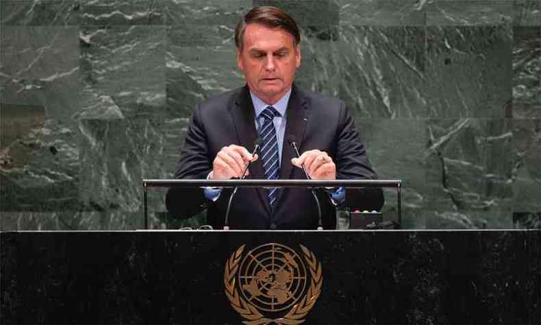 Presidente Jair Bolsonaro durante discurso na Assembleia Geral da ONU(foto: Johannes EISELE / AFP)