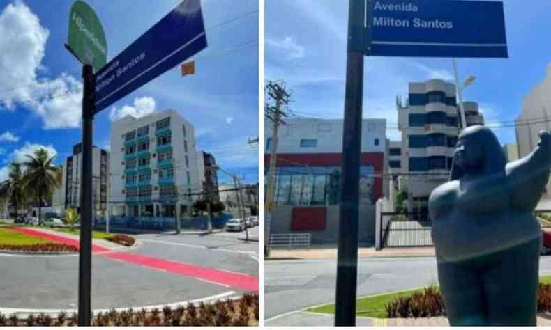 Duas fotos das placas Avenida Milton Santos