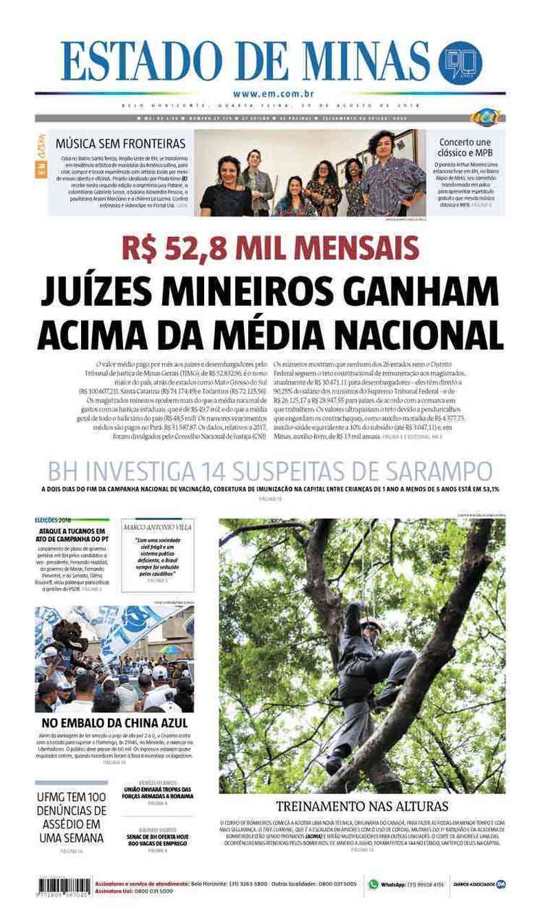 Confira a Capa do Jornal Estado de Minas do dia 29/08/2018(foto: Estado de Minas)