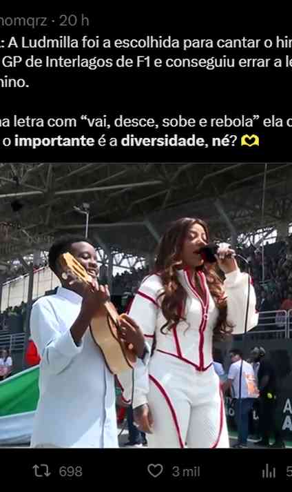 Ludmilla esquece letra do Hino Nacional em apresentação no GP de