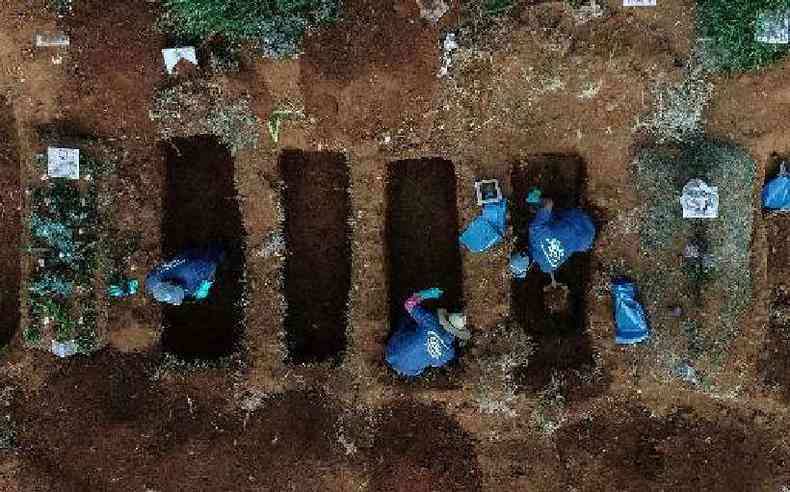 Enterro de vtimas da COVID-19 no Cemitrio de Vila Formosa, em So Paulo: cidade  a mais afetada pela pandemia no continente(foto: NELSON ALMEIDA/AFP)