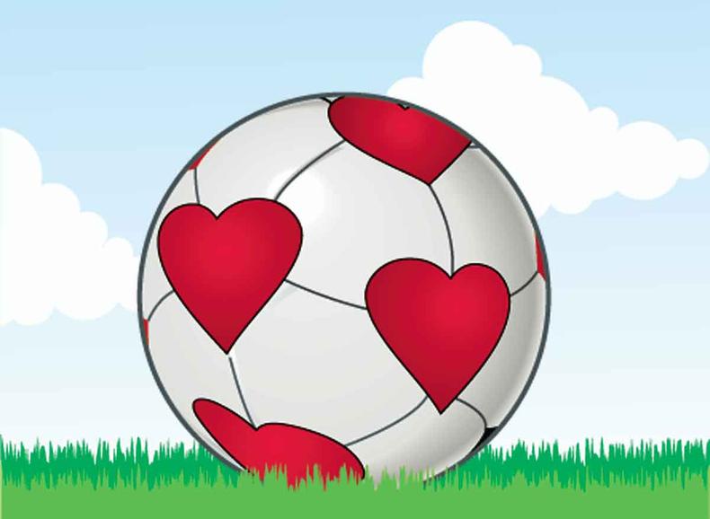 Ilustração mostra bola de futebol branca com corações vermelhos