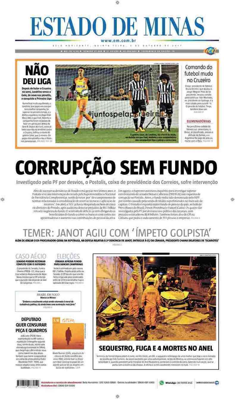 Confira a Capa do Jornal Estado de Minas do dia 05/10/2017