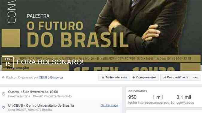 Pgina criada no Facebook convocando manifestao contra o deputado Jair Bolsonaro(foto: Facebook/reproduo)