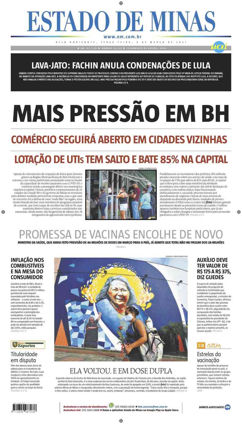 Confira a Capa do Jornal Estado de Minas do dia 09/03/2021(foto: Estado de Minas)