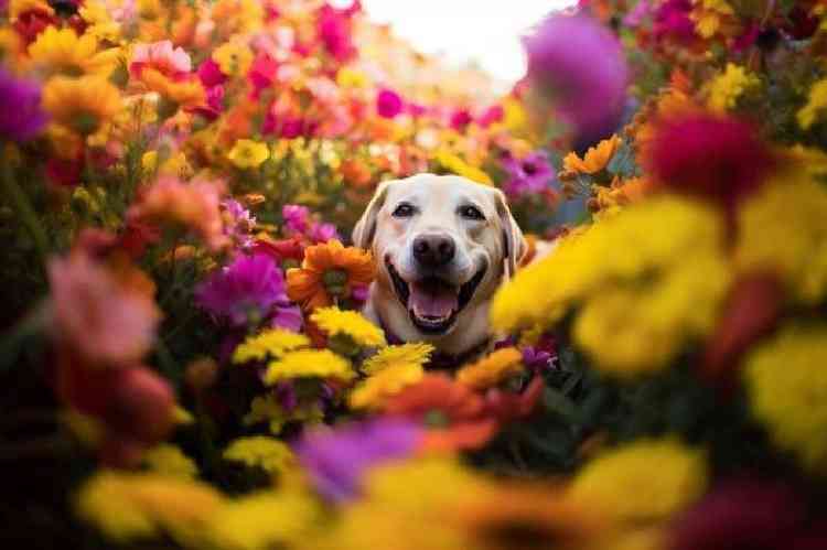 Cachorro entre um monte de flores