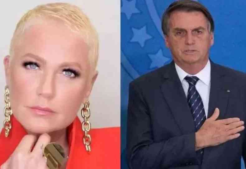Montagem de foto,  esquerda, Xuxa est sria;  direita, Bolsonaro com uma das mos no peito
