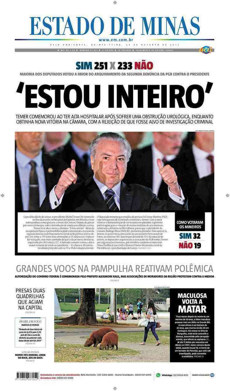 Confira a Capa do Jornal Estado de Minas do dia 26/10/2017