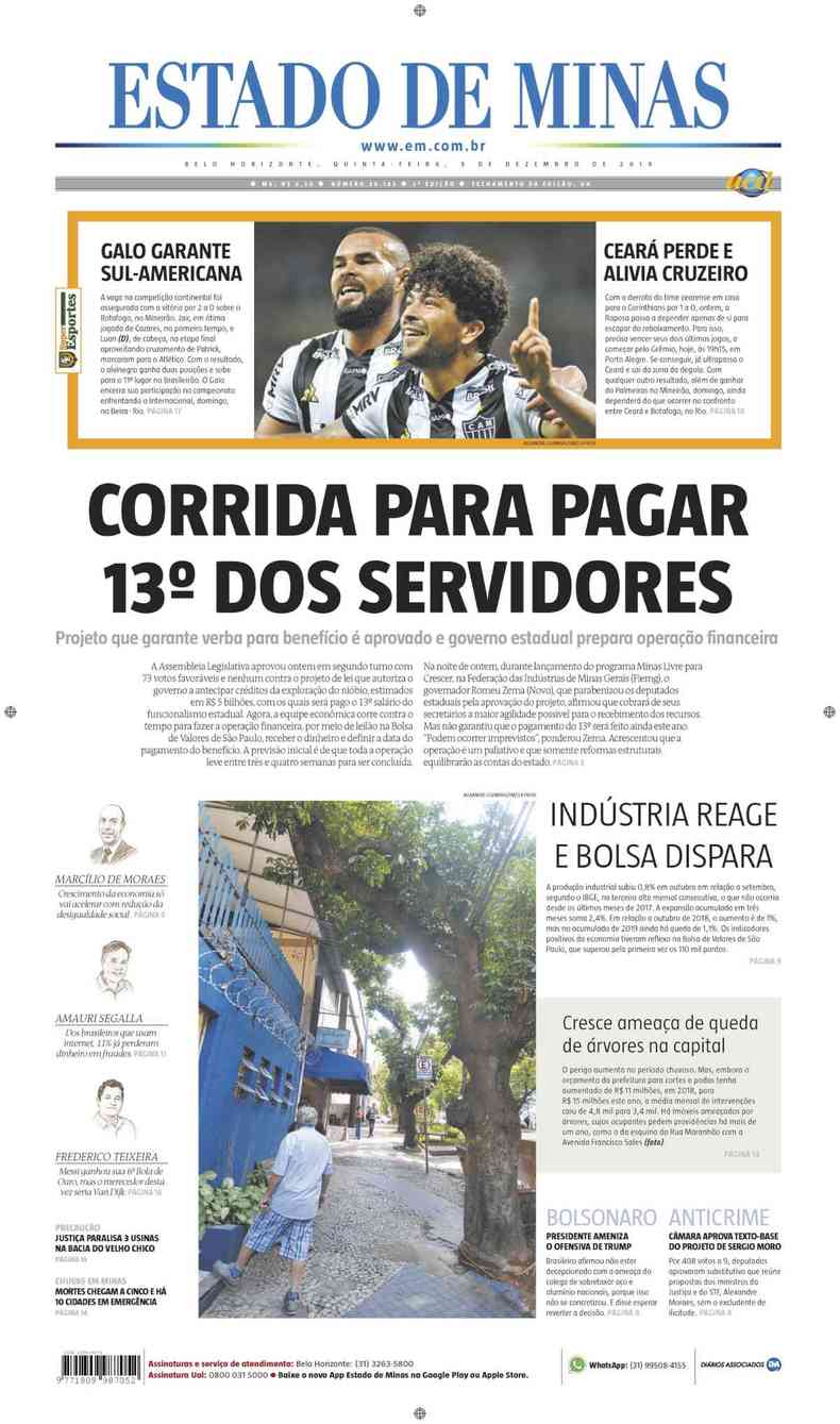 Confira a Capa do Jornal Estado de Minas do dia 05/12/2019(foto: Estado de Minas)
