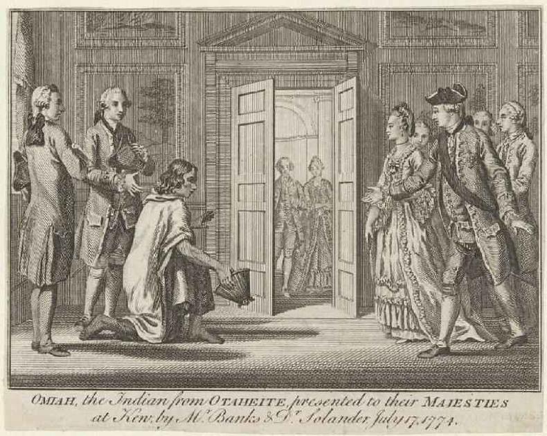 'Omiah, o indgena de Otaheite, apresentado  Sua Majestade em Kew por Banks e Solander, em 17 de julho de 1774'