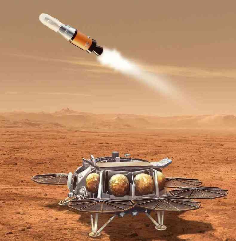 Ilustração das amostras deixando Marte para a Terra em um foguete lançado da Cratera Jezero