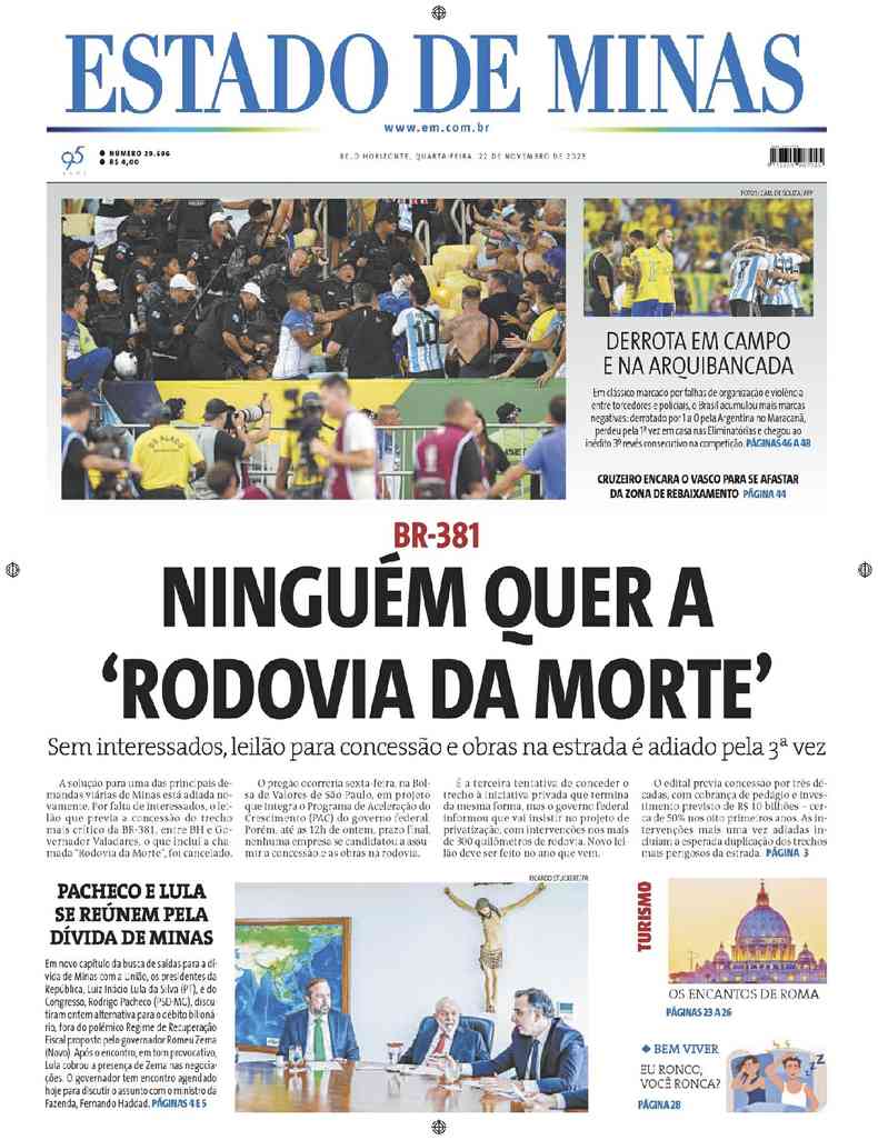 Confira a Capa do Jornal Estado de Minas do dia 22/11/2023