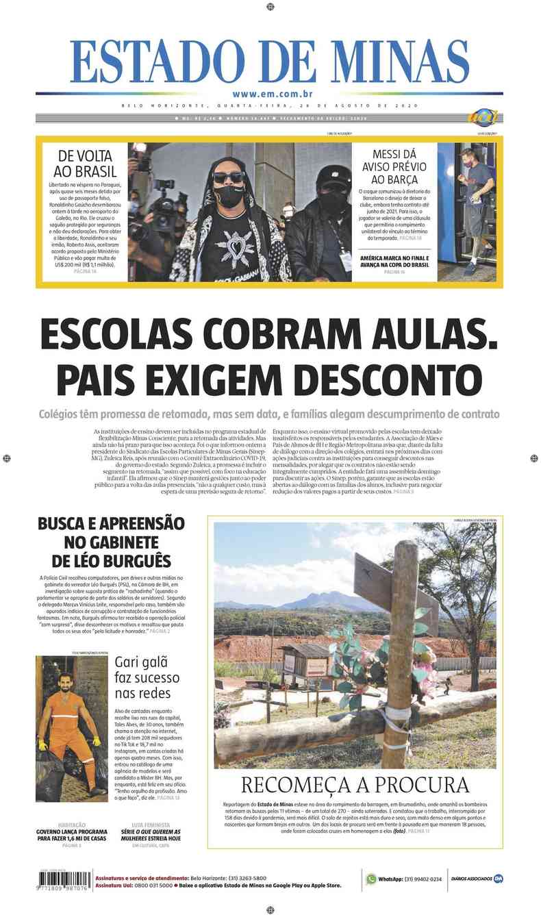 Confira a Capa do Jornal Estado de Minas do dia 26/08/2020(foto: Estado de Minas)