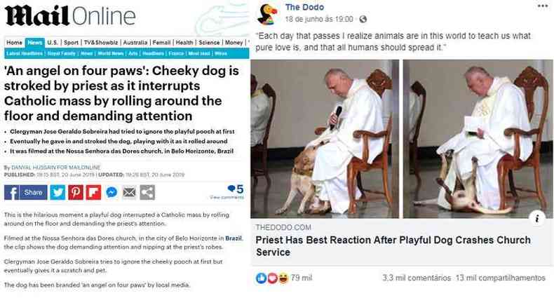 A notícia do padre acolhendo o cãozinho foi parar no Daily Mail e no The Dodo (foto: Reprodução da internet Daily Mail / Reprodução Facebook)