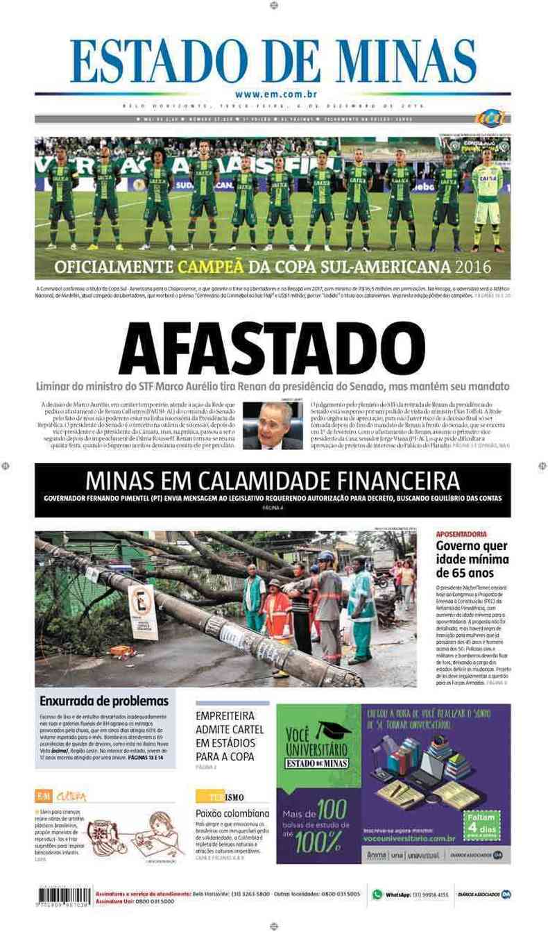 Confira a Capa do Jornal Estado de Minas do dia 06/12/2016